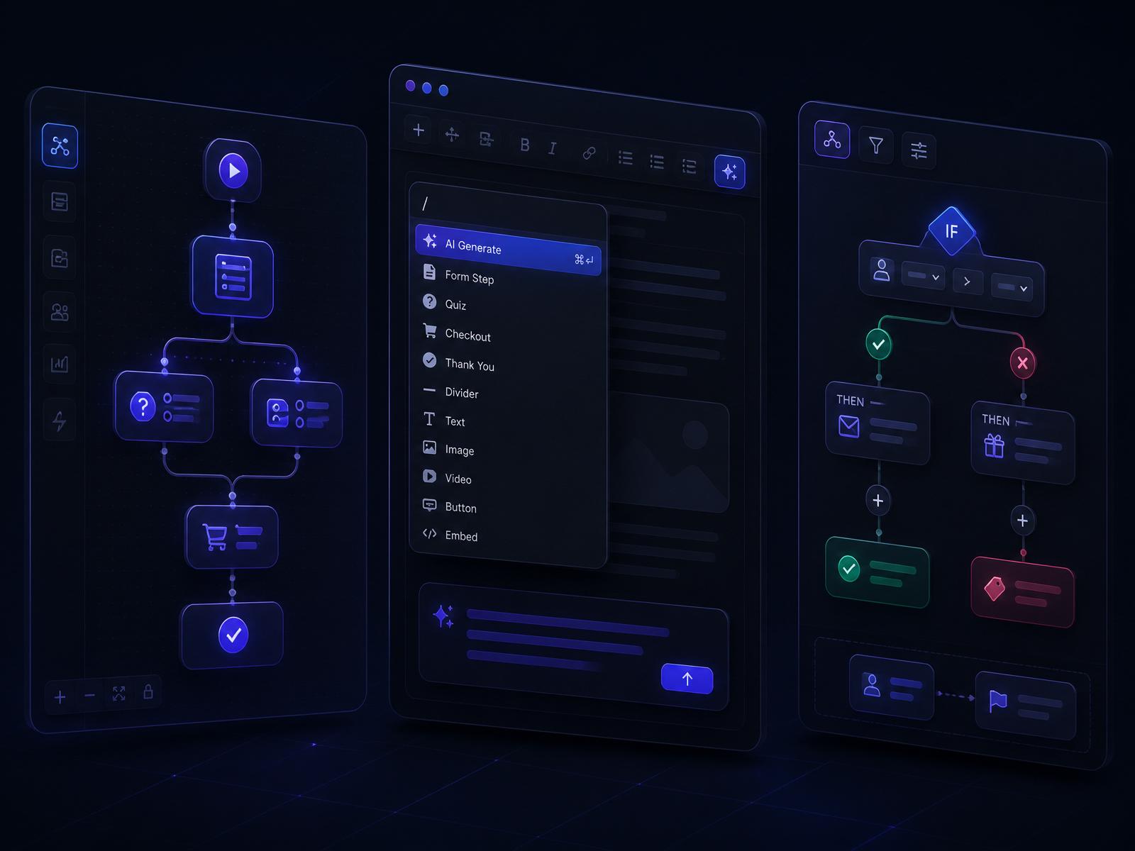 Yectar builder showing a flow graph, slash editor, and logic conditions in one dark indigo interface